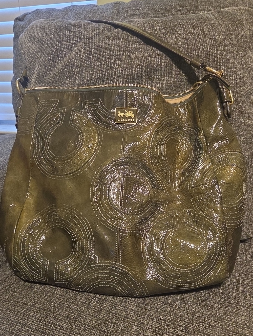 Coach Olive Patent Leather Shoulder Hobo with Circles